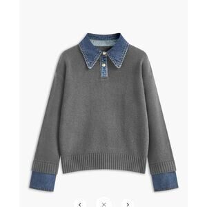 Commense Gray Crewneck Sweater with Blue Denim Collar & Cuffs